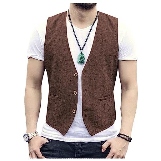 Tiavllya gilet da uomo senza maniche in cotone e lino casual gilet da spiaggia estivo slim fit tinta unita a 3 bottoni（xxxl, caffè）