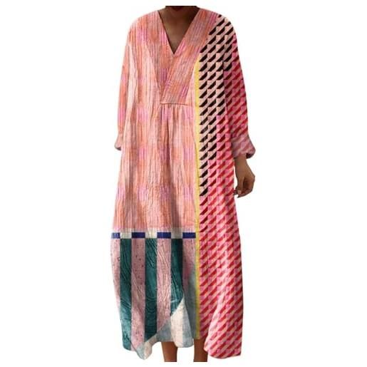 Generico vestito lino donna primavera abito lungo boho chic scollo a v maniche lunghe, maxi abito floreale vintage con tasche mare spiaggia vacanza taglie forti curvy elegante moda 2026 chic