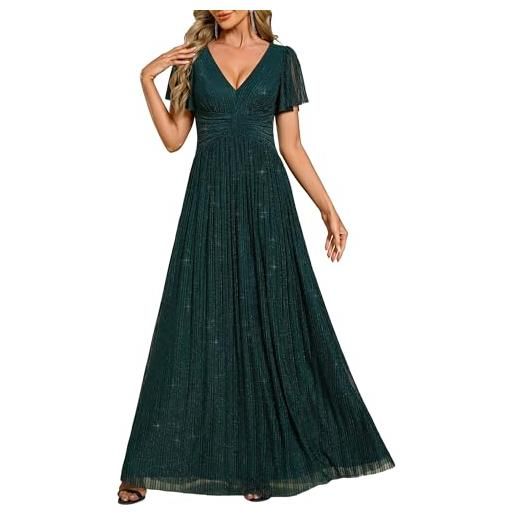 Ever-Pretty abito da sera lungo per donna, maniche a volant, scintillante, plissettato, scollo a v, vita impero, elegante ee11961-p