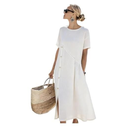 Generale abito midi lino cotone donna, maniche corte bottoni taglio a spacco laterale casual estate spiaggia(white, 2xl)