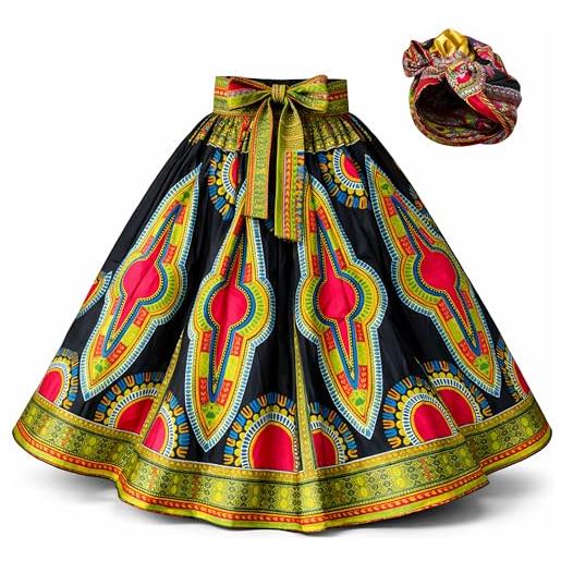 Adalex Global maxi gonna con cinturino regolabile con stampa a cera tradizionale, gonne lunghe con tasche profonde, motivo a fiore largo multicolore modello tradizionale maxi con sciarpa coordinata per donne e
