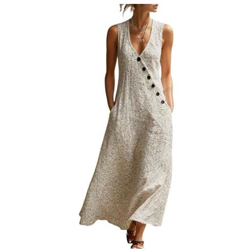 Generico abito cotone e lino donna estivo lungo vintage a pois con bottoni scollo a v vestiti boho chic a-line elegante maxi prendisole senza maniche con taschen taglie forti mare vacanza raffinato (02a, m)