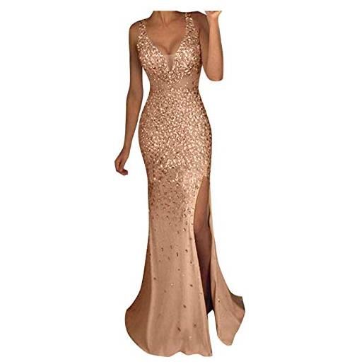 Generic maxi abito da sera da donna con paillettes, scollo a v profondo, spacco laterale, tulle elegante glitterato per cocktail, ballo di fine anno, feste, oro, s