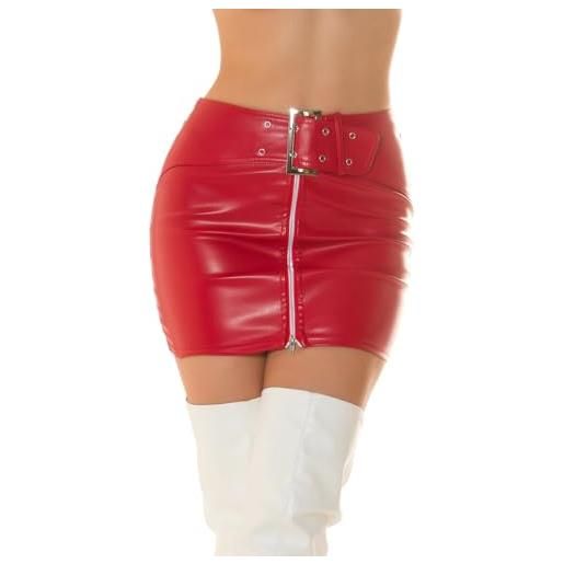 Koucla gonna a vita alta, in similpelle, con fibbia e chiusura lampo decorativa, colore: rosso, s