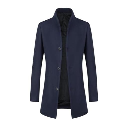 YOUTHUP cappotto da uomo in lana cappotto media lunghezza primaverile invernale cappotti casual trench coat giacca, blu navy-sottile, l