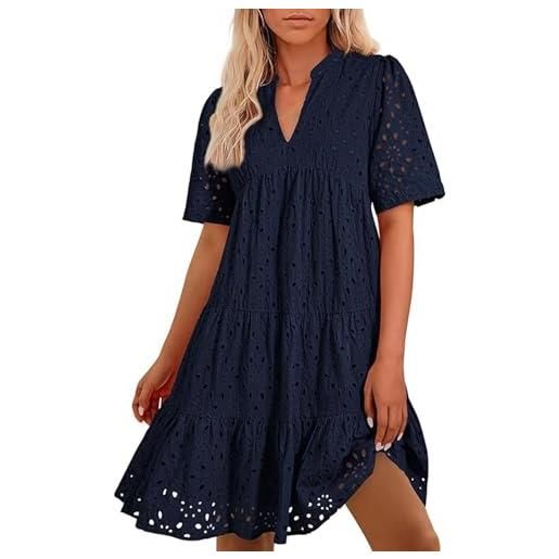 Generic vestito donna estivo ricamo sangallo traforato, scollo v, maniche corte, balze volant, abito corto svasato casual vacanza spiaggia 2025 primavera estate