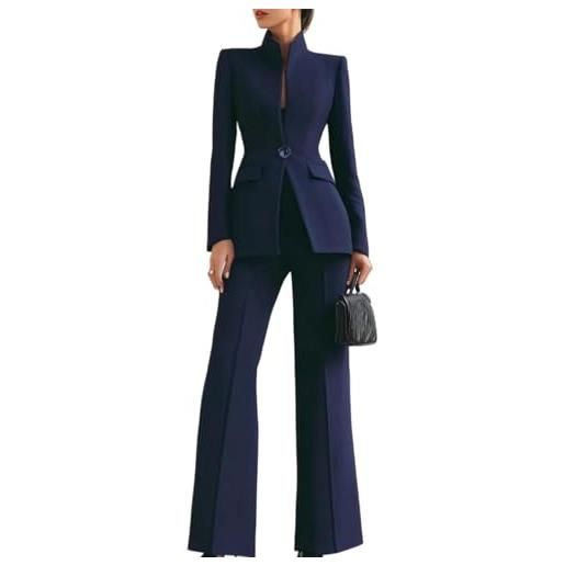 Suncadmious completo da donna primaverile blazer business a maniche lunghe con collo alto tasca e chiusura a un bottone + pantaloni a gamba larga in tinta unita - elegante outfit da ufficio (marina, xxl)