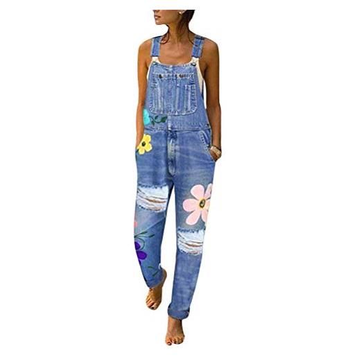 Generisch salopette da donna in jeans, stile retrò, con fiori, in denim, a gamba dritta, senza maniche, con tasche, per carnevale