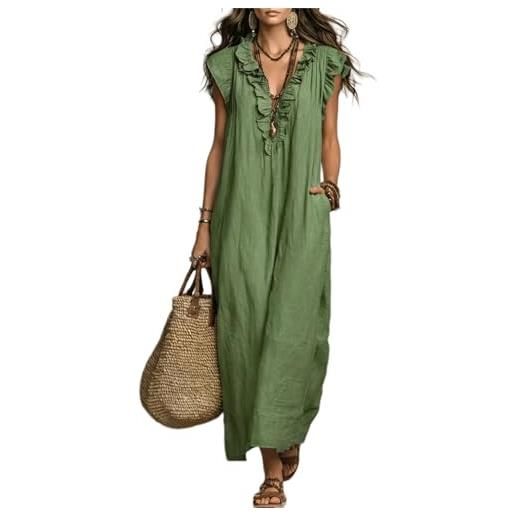 Generic maxi abito estivo da donna in lino — casual, comodo e fluido — scollo a v con volant, senza maniche, vestibilità ampia, con tasche