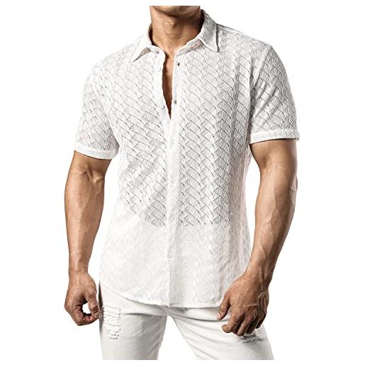 JOGAL - camicia in pizzo trasparente a maniche corte da uomo - camicia estiva casual, bianco, s