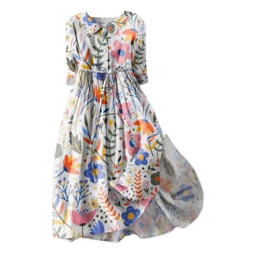 BFSWL abito in lino da donna, estivo, maniche a 3/4, con colletto bubik, con stampa floreale, in cotone e lino, con linee ad a, con cintura, per il tempo libero, bianco, l