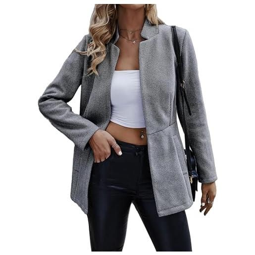 Jhsnjnr donna aperto anteriore elegante blazer manica lunga collo alto caldo giacca lunga cappotto business tweed tuta giacca, nero , m