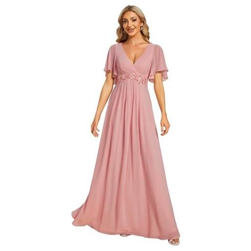Ever-Pretty vestito donna elegante scollo a v maniche a volant stile lungo abito cerimonia donna dusty rose 44