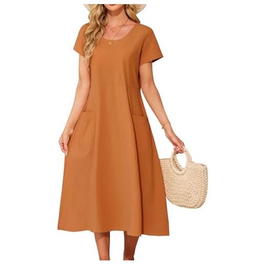 PASUDA vestito donna estivo vestiti lungo cotone abito manica corta scollo rotondo elegante vestito da mare spiaggia boho casual abiti lunghi con tasche (arancione, s)