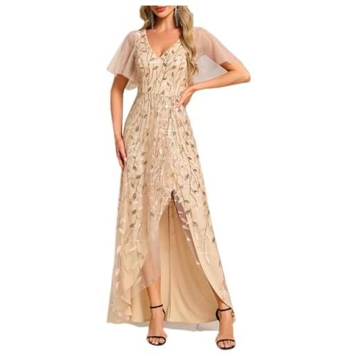 Ever-Pretty abito da ospite di nozze asimmetrico scollo a v linea a paillettes foglia stile impero abito elegante donna cerimonia oro 50