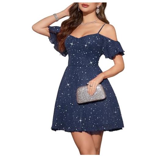 Meetjen abiti corti da donna per ritorno a casa per adolescenti abito da ballo da cocktail scintillante in tulle con spalle scoperte 2025, navy, m