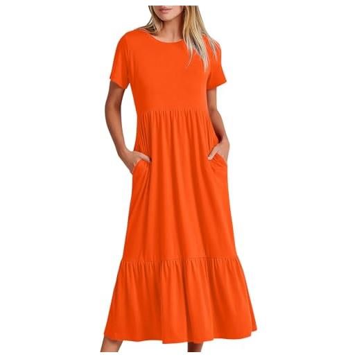 shownicer vestito donna casual maniche corte abiti estivi vita alta midi vestito con tasche a-line vestito con volant elegante cotone abito a arancione xl