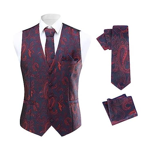 Allthemen gilet da uomo classico paisley floreale jacquard cravatta e fazzoletto da taschino set casual matrimonio blu rosso s
