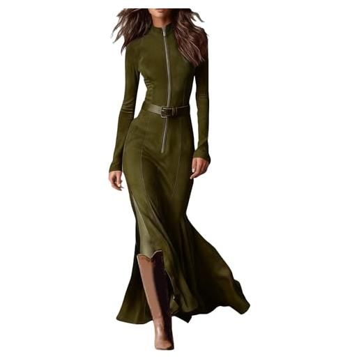 Generico abito maxi in camoscio retro western donna - elegante patchwork con cerniera bordo cowgirl maniche lunghe minivestito monocolore stile chic