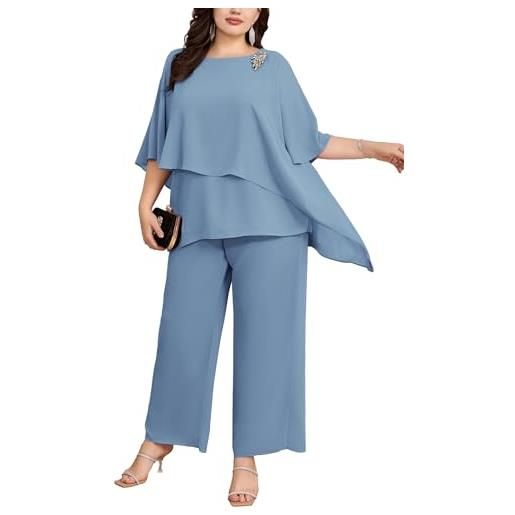 Hanna Nikole - elegante completo da sera per donna, taglia grande, set da 2 pezzi, abito da cocktail, per feste, pantaloni festivi, camicia in georgette a due pezzi e pantaloni a vita alta, grigio blu