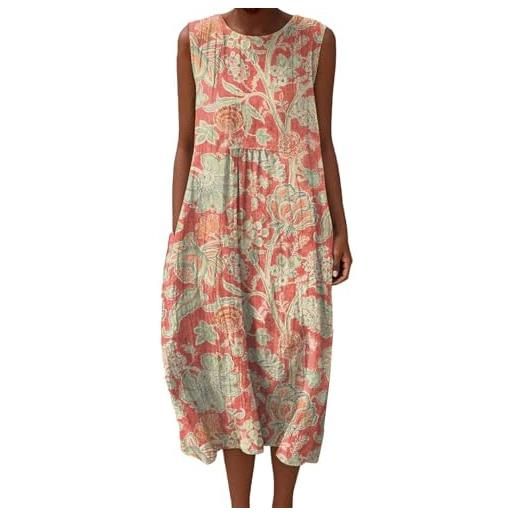 Generico abito estivo donna lungo in lino boho chic vestito floreale senza maniche con tasche elegante casual per mare spiaggia taglie forti curvy comodo leggero tunique moda 2026