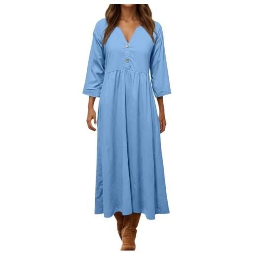 Generico abito lino donna - abito estivo a maniche a 3/4 boho chic abiti vacanza comodo taglie forti vestito lungo in cotone scollo a v largo vestiti da spiaggia tinta unita morbido e traspiranti
