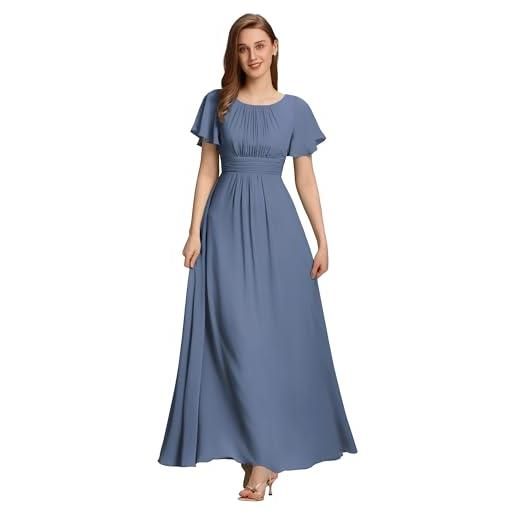 Ever-Pretty abito cerimonia donna eleganti lungo a maniche corta abito damigella d'onore in chiffon vestito donna elegante denim blu 52