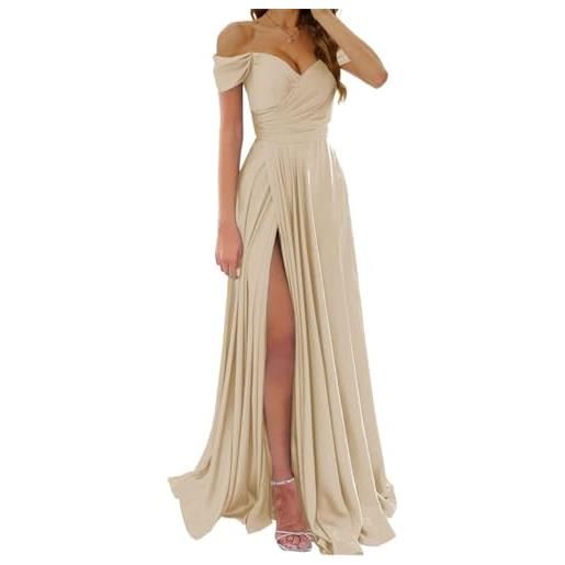 WSEYU abito da damigella d'onore, da donna, in raso, per matrimoni, con spalle scoperte, per balli scolastici, con spacco, abito elegante per feste