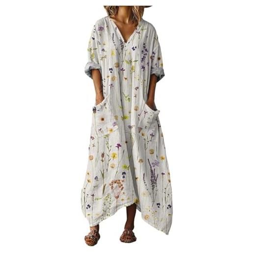 Generico vestito donna estivo lungo boho scollo v stampa floreale abiti casual largo tunica maniche 3/4 con tasche spiaggia vacanze