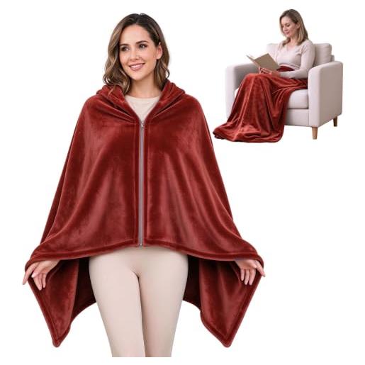 ZCJ poncho donna invernale, mantello in pile spesso con chiusura lampo come coperta e calda giacca per ufficio, viaggi, divano