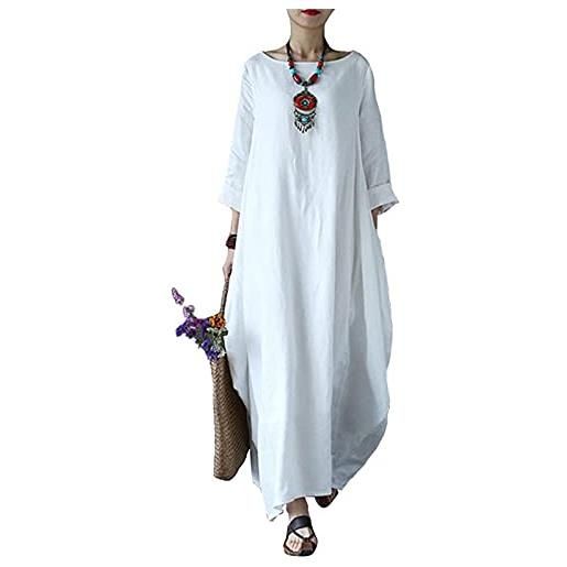 Generic abito da donna effetto lino morbido - abiti a maniche lunghe estate lacche casual tinta unita - maxi abito in misto lino da donna chic di grandi dimensioni abito da festa in spiaggia, bianco, xxl