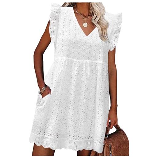 heekpek abito estivo donna cotone scollo a v vestito corto donna senza maniche con volant comodo e leggero abiti jacquard casual abito mare da spiaggia con tasche, bianco, m