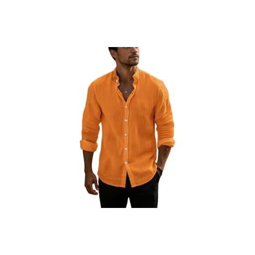 Generic camicie casual da uomo a maniche lunghe in garza di cotone con colletto a fascia da spiaggia camicie estive sciolto leggero con bottoni, arancione, xl