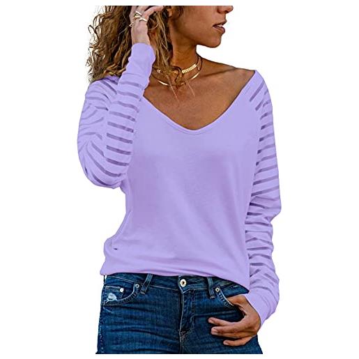 Homlan. Maglietta a maniche lunghe da donna, con scollo a v, in tessuto mesh, elegante, casual