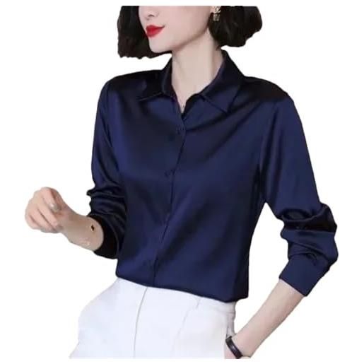 Generic camicia da donna elegante da ufficio, in crêpe di seta, camicette in raso, blu scuro, l