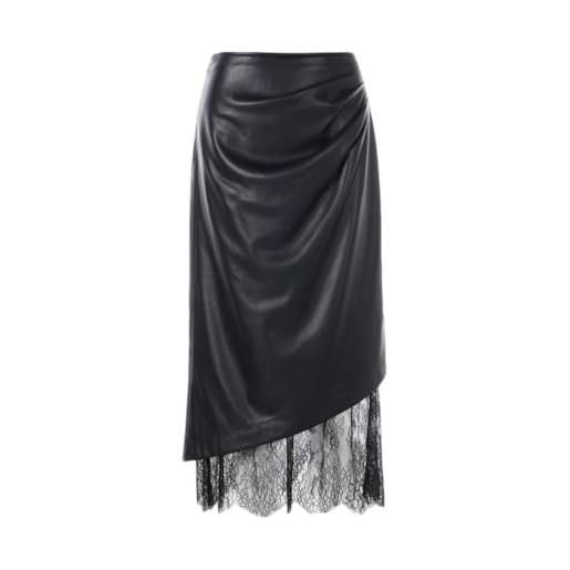 KWISUAWHGA gonna in similpelle a vita alta da donna con orlo in pizzo sexy casual alla moda aderente plissettata, nero, m