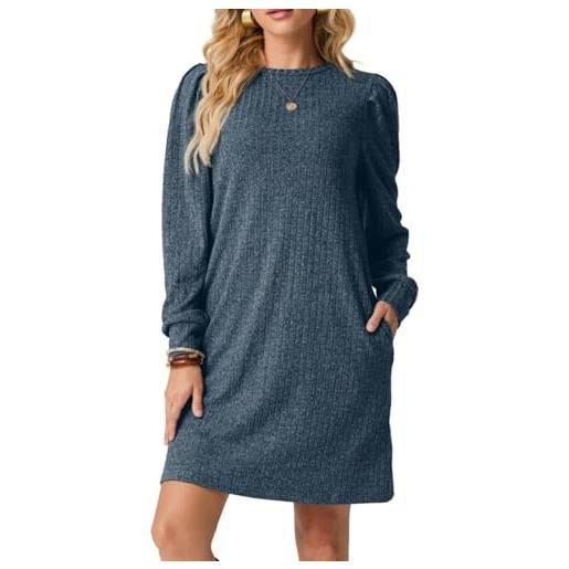 PrinStory vestito pullover donna maniche lunghe abiti casual girocollo abito in maglia con tasche autunno inverno, blu, xxl
