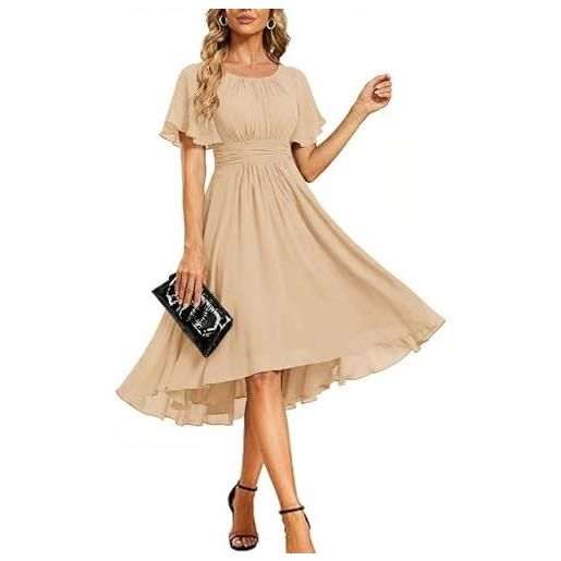 Ever-Pretty abito da cerimonia donna maniche a volant chiffon pieghe al ginocchio abito da sera elegante champagne 50