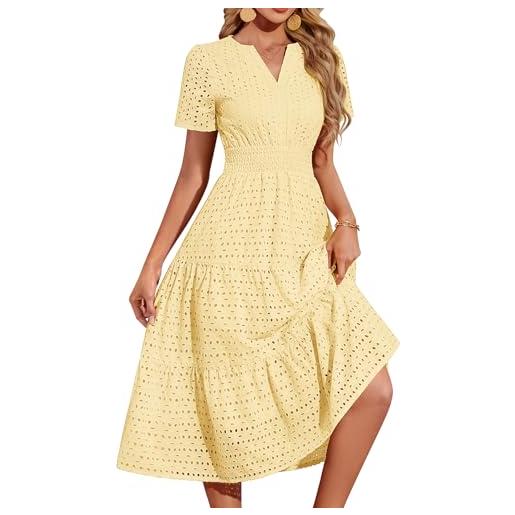 PASUDA vestiti donna estivi lunghi elegante vestito cotone scollo a v maniche corte abiti a tinta unita casual lungo abito mare da spiaggia con tasche vita elastica a linea