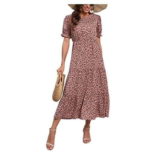 GRECERELLE abito estivo da donna, con stampa floreale, stile boho, con maniche a sbuffo, a vita alta, casual, stile boho, cocktail, vacanze, spiaggia, abito lungo da donna, rosa ld, xxl