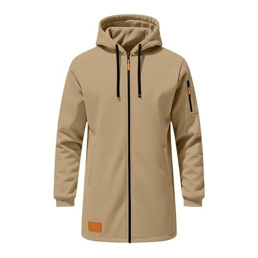Lggwunsi cardigan uomo lungo - caldo moda felpa zip tinta unita casual giacca con cappuccio uomo autunno e inverno classic comodi felpe lunga, kaki, l