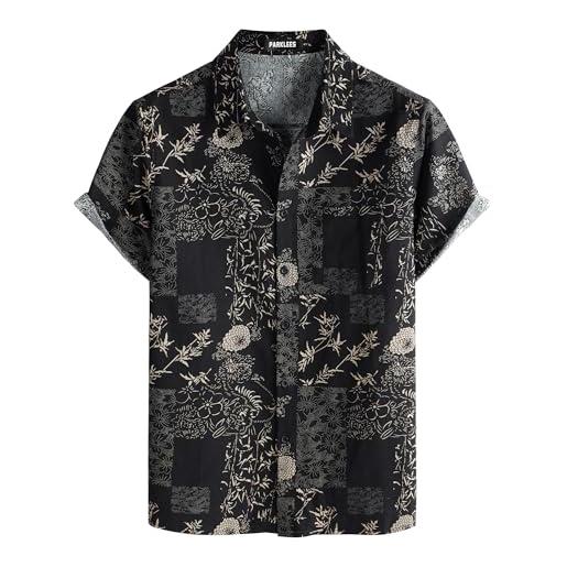 PARKLEES camicia da uomo in cotone e lino, stile vintage anni 70, con motivo retrò, a maniche corte, con bottoni, fiore nero. , m