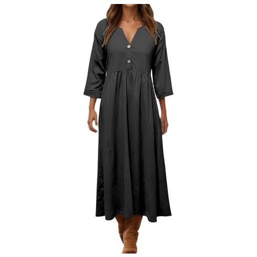 Generico abito lino donna - abito estivo a maniche a 3/4 boho chic abiti vacanza comodo taglie forti vestito lungo in cotone scollo a v largo vestiti da spiaggia tinta unita morbido e traspiranti