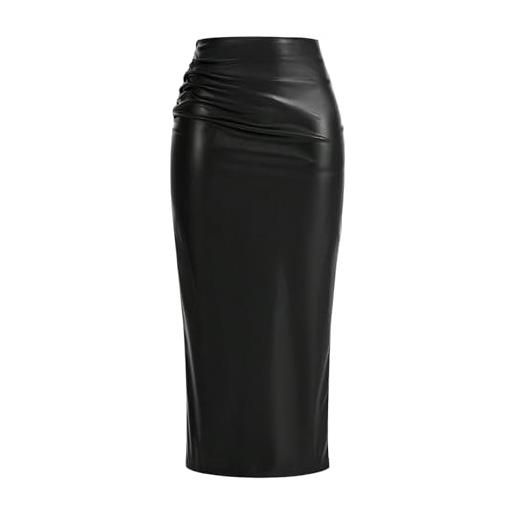 GORGLITTER gonna da donna elegante in pelle, gonna midi in similpelle, con fessura, gonna lunga, nero , s