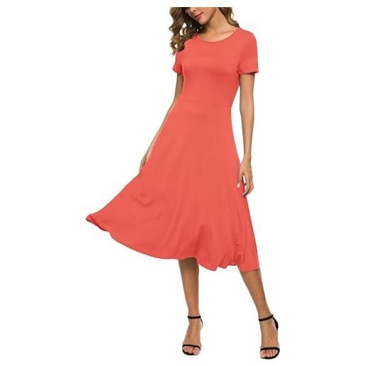 EXCHIC donna manica corta tinta unita girocollo elastico a-line vestito casuale eleganti girocollo midi abito(s, rosso corallo)
