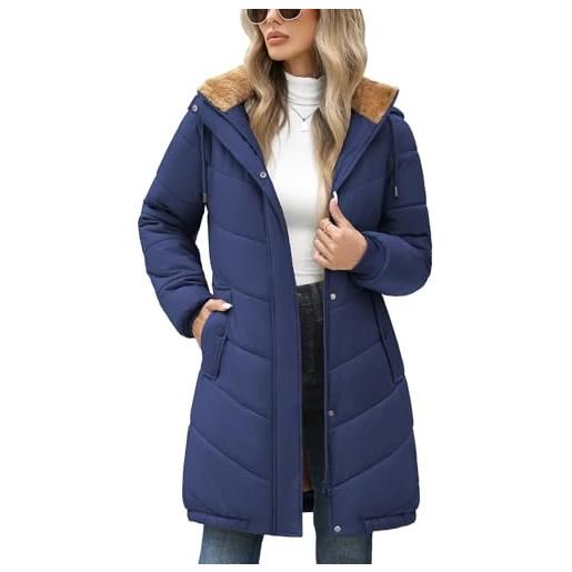 Yuson Girl giubbotto donna invernale foderato giacca trapuntata con cappuccio leggero caldo cappotto in pile media lugghezza antivento giacche parka con zip e tasche(blu navy, l)