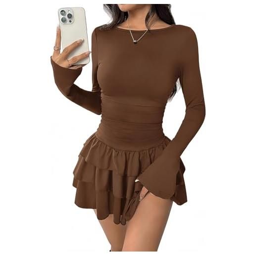 Sukiglam vestito donna elegante mini abito maniche lunghe scollo a barchetta sexy abiti corto con volant a strati casual vestito a line aderente abito da sera discoteca cocktail festa autunno inverno