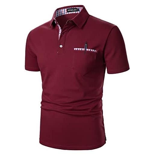 APAELEA moda plaid collare polo uomo manica corta cotone tshirt business golf, rosso con tasca, s