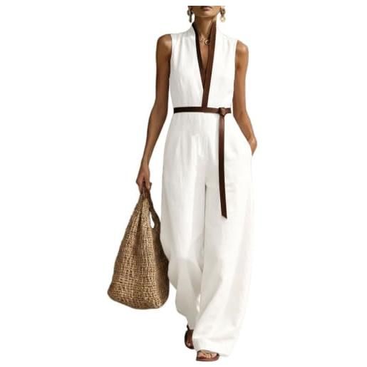 ticticlily jumpsuit tuta intera donna elegante chic estiva monopezzi e tutine senza manica scollo v patchwork pantaloni larghi vita alta a beige l
