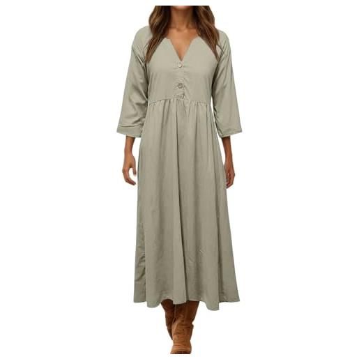 Generico abito lino donna - abito estivo a maniche a 3/4 boho chic abiti vacanza comodo taglie forti vestito lungo in cotone scollo a v largo vestiti da spiaggia tinta unita morbido e traspiranti